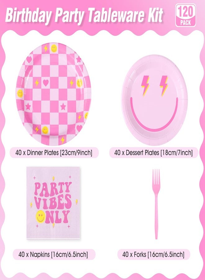 VZZNN 160Pcs Preppy Smile Face Party Tableware Set Pastel Paper Plates Napkins Preppy Smile Face Dinnerware for Birthday Party Baby Shower Decoration Serve 40 Guest - Image 2